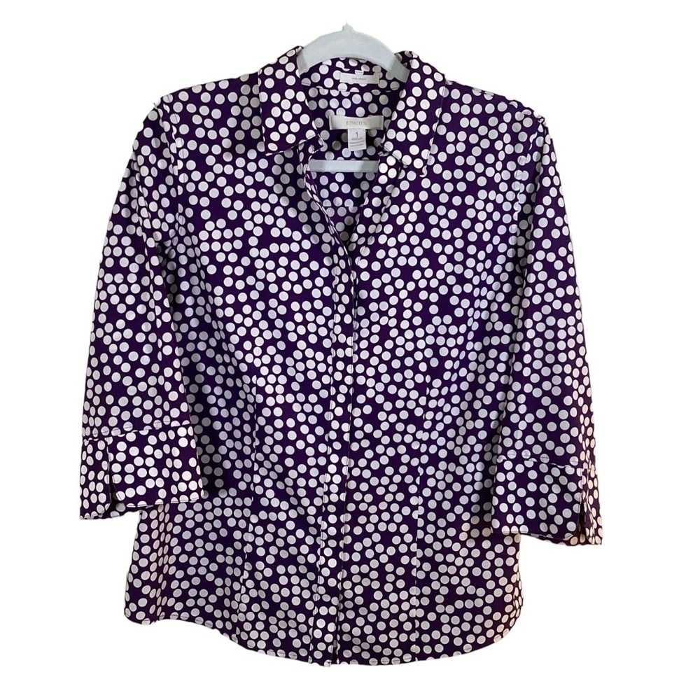 Chico’s Women’s Purple With White Polka Dots 3/4 Sleeve Button Up Blouse.  Sz 1
